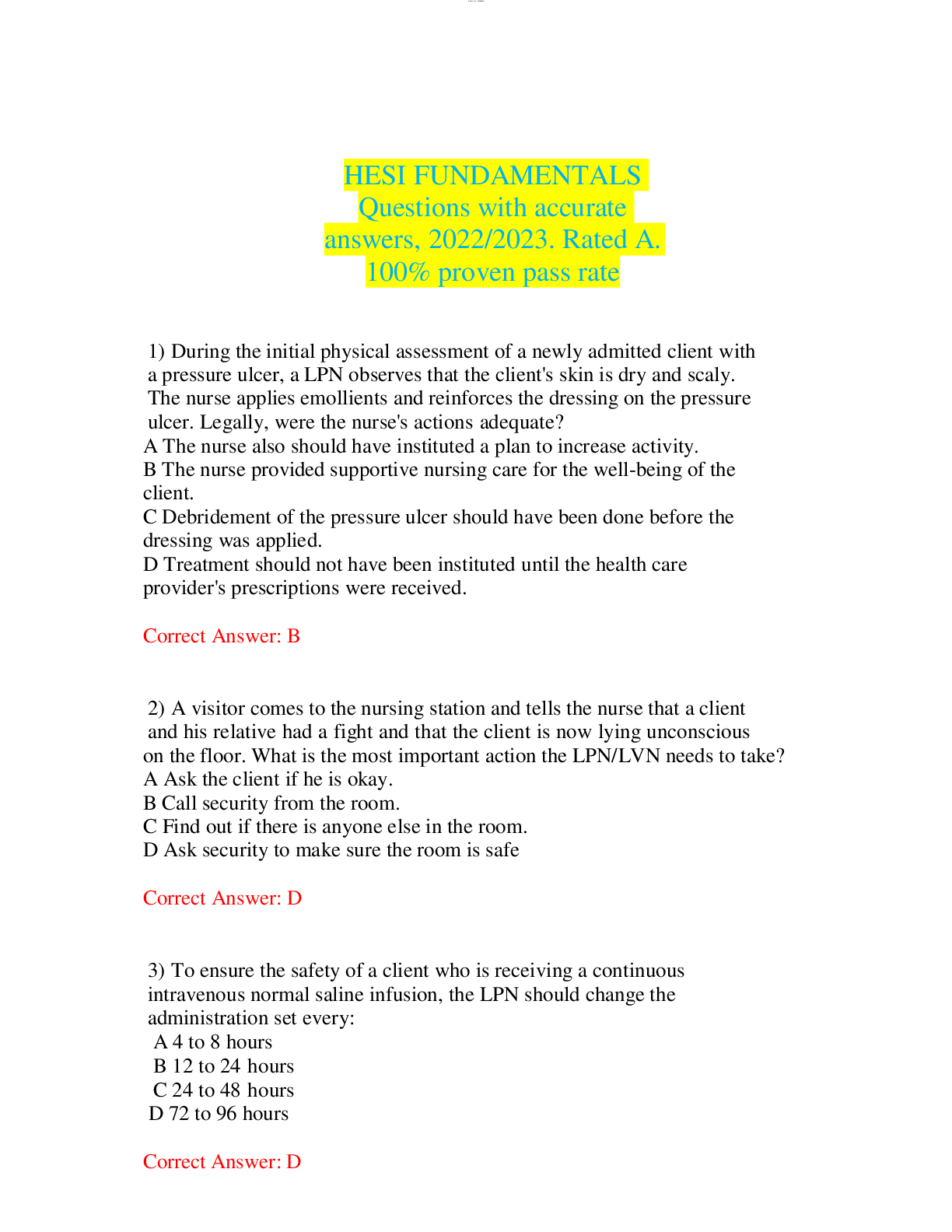 Preview image for HESI FUNDAMENTALS Questions with accurate answers, 2022/2023. Rated A. 100% proven pass rate